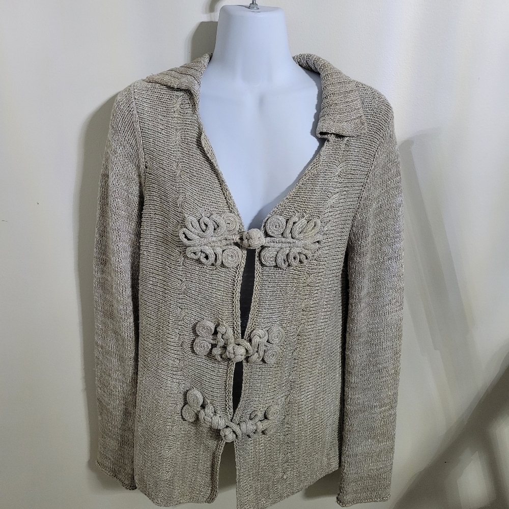 Coldwater Creek Tan Shimmer Cardigan Sweater Soutache Chunky Closure Golden Sz S